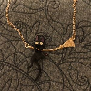 Black Cat Hanging on Broomstick Necklace